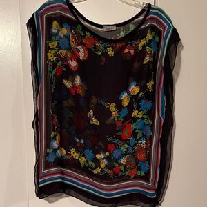 Poetry Black Sheer Butterfly & Floral Blouse with Multicolor Border